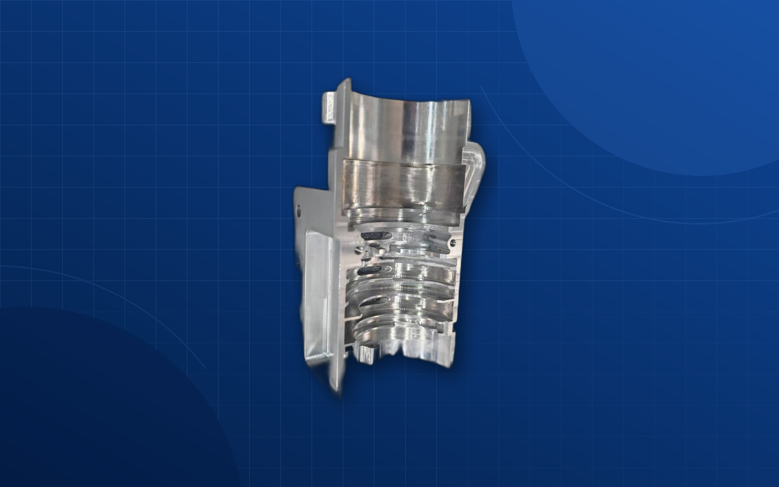 Deep blue background precision aerospace machined part