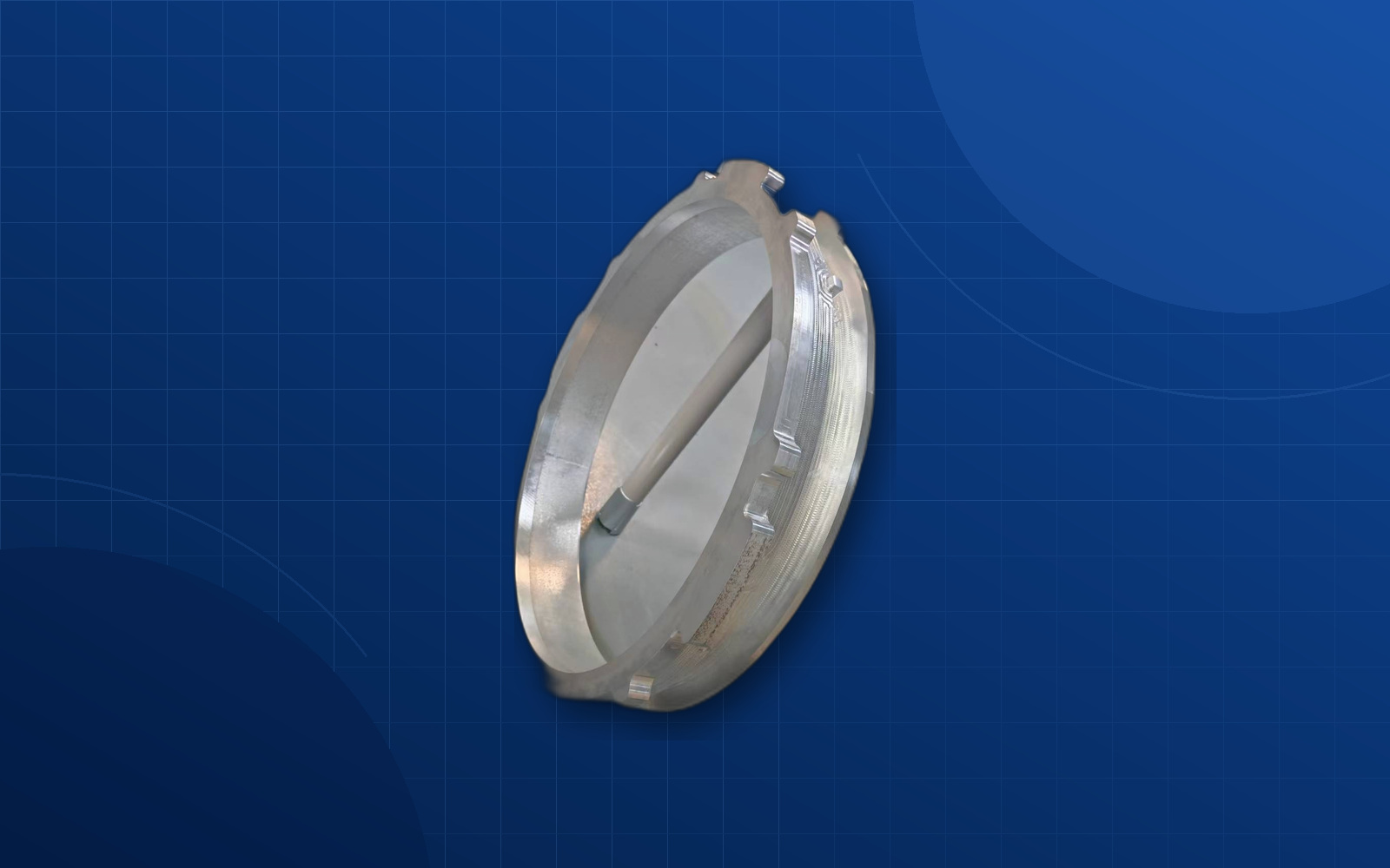 Deep blue background CNC machined semiconductor fixture part
